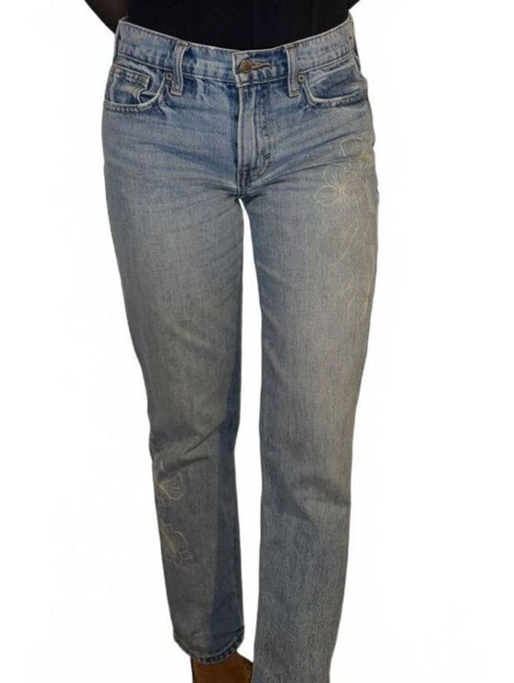 Embroidered Floral 90s Boyfriend Slim Mid Rise Light Wash Jeans Size 00
